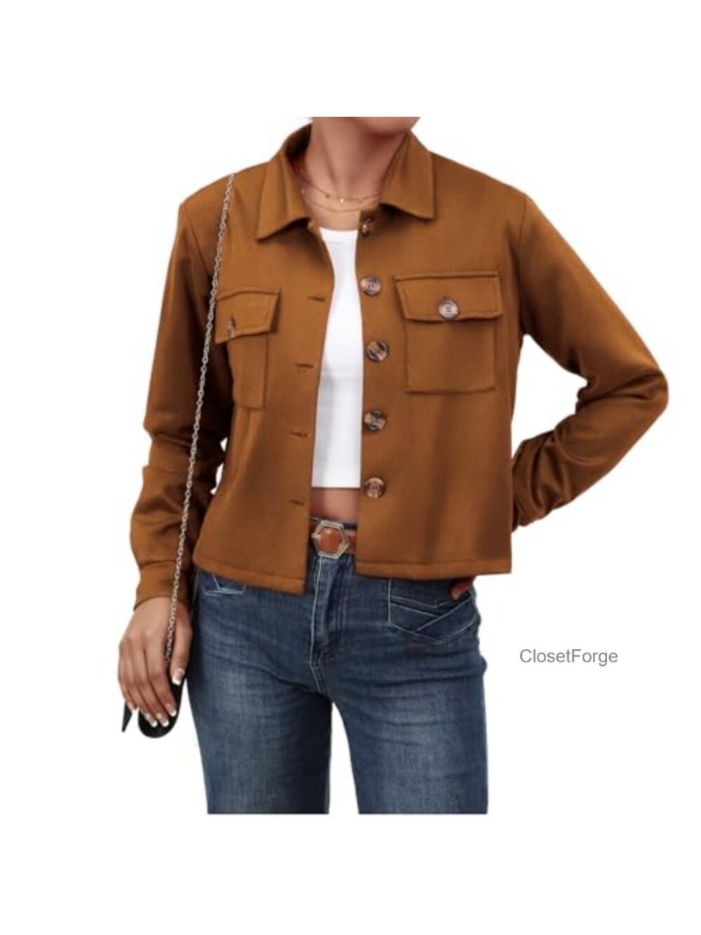 Faux Suede Cropped Button Down Jacket Long Sleeve Shacket